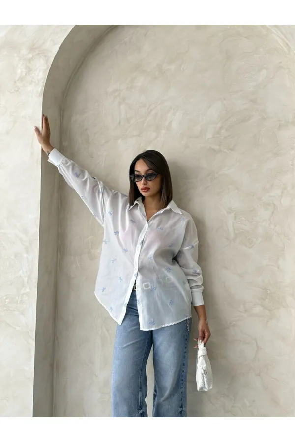 Nakışlı Vual Toptan Gömlek - Mavi | TOPSHOW | F1876