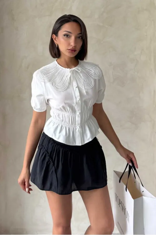 Gathered Shirt with Collar Detail - Cream | Topshow