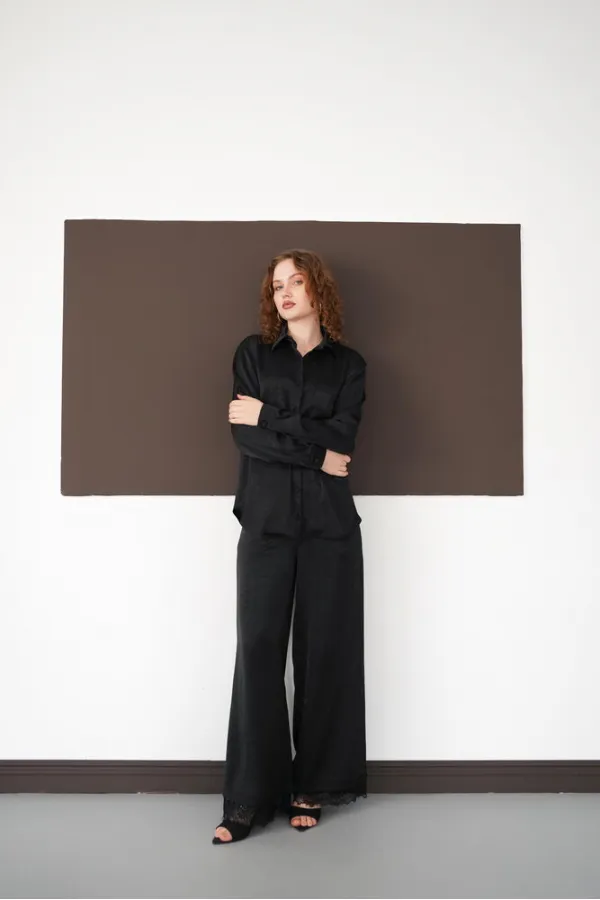 Pleated Hem Lace Up Wholesale Trousers - Black | F2102 - Topshow