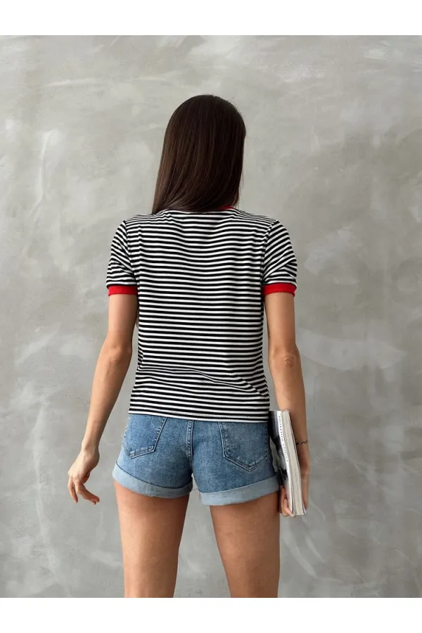 T-shirt rayé brodé noir et rouge Topshow en gros