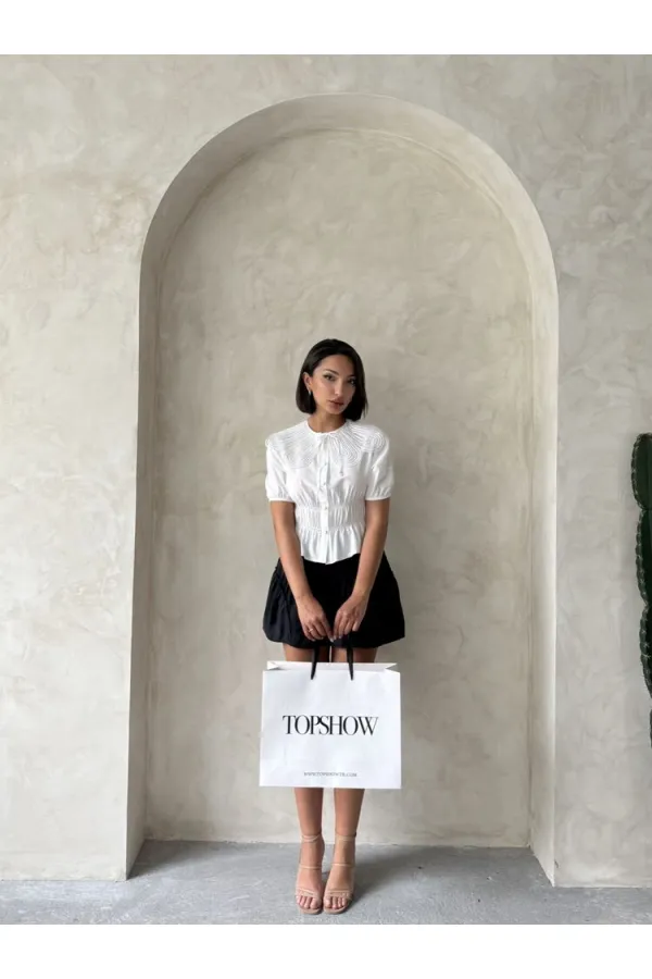 Gathered Shirt with Collar Detail - Cream | Topshow