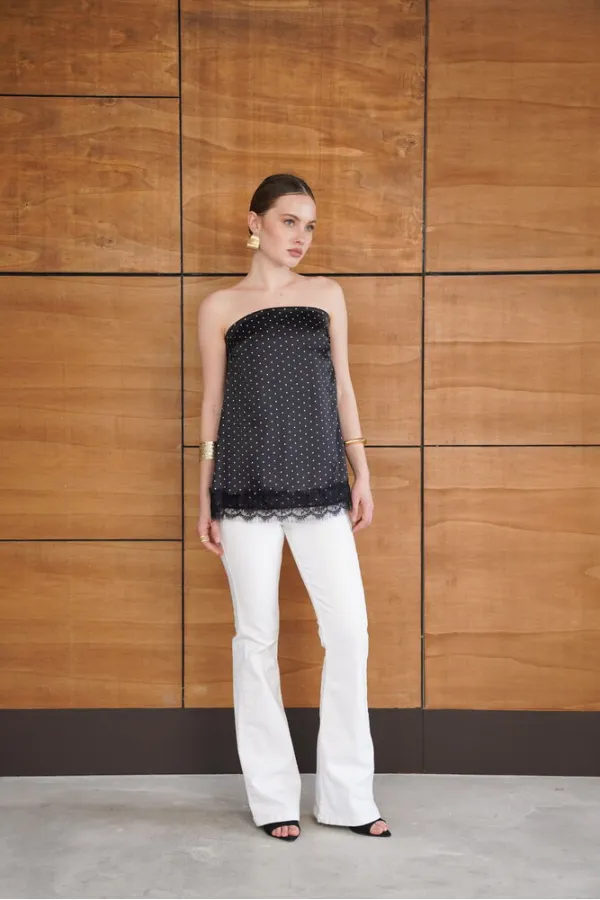 Bustier en satin noir à pois et détails en dentelle | D2963 - Topshow