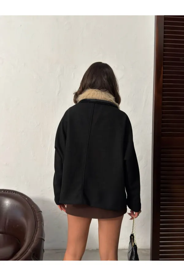 Manteau en cachemire à col peluche et boutons Topshow - Noir | F2048