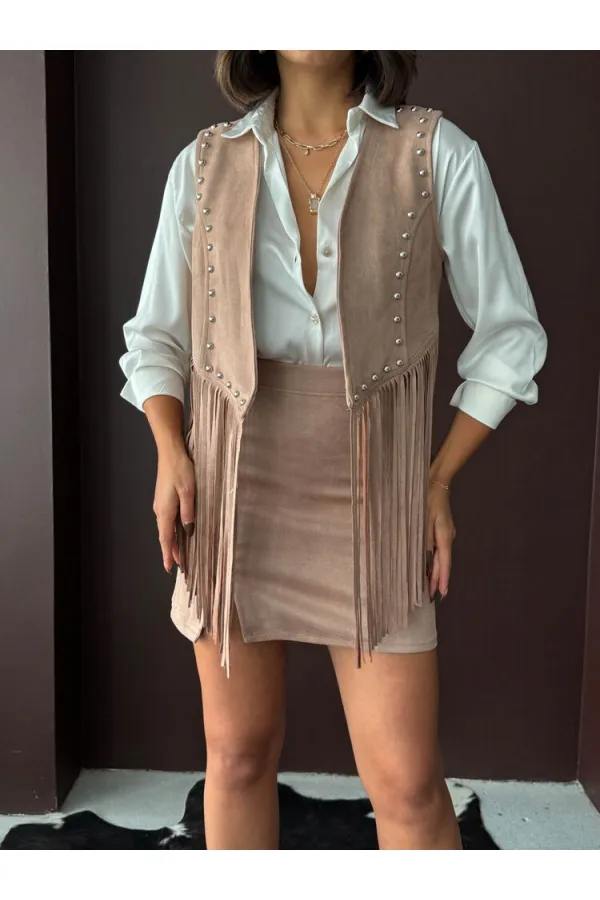 Topshow Püsküllü Droplu Yelek - Vizon | F1806