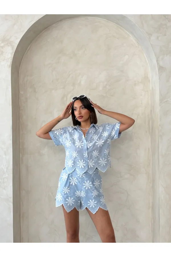 Nakışlı Toptan Şort - Mavi | Topshow