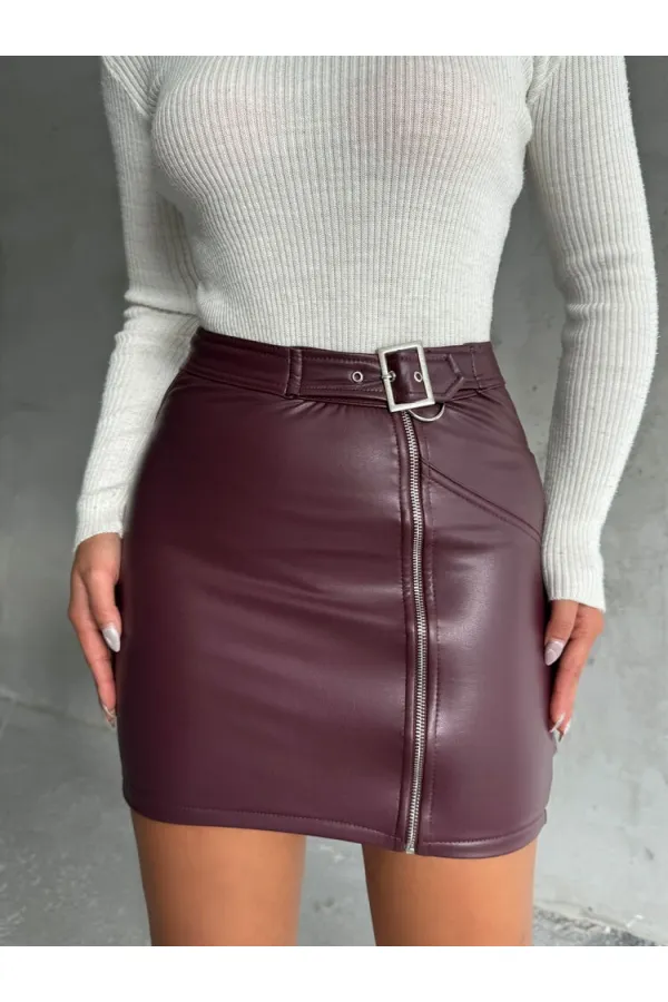 Fermuarlı Deri Toptan Etek - Bordo | TOPSHOW | F0125