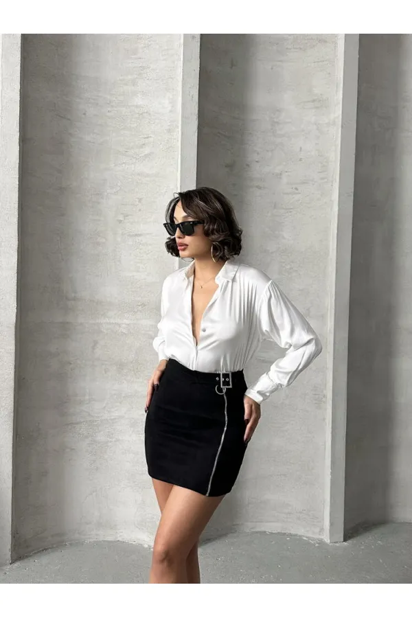 Süet Fermuarlı Toptan Etek - Siyah | TOPSHOW | F0121