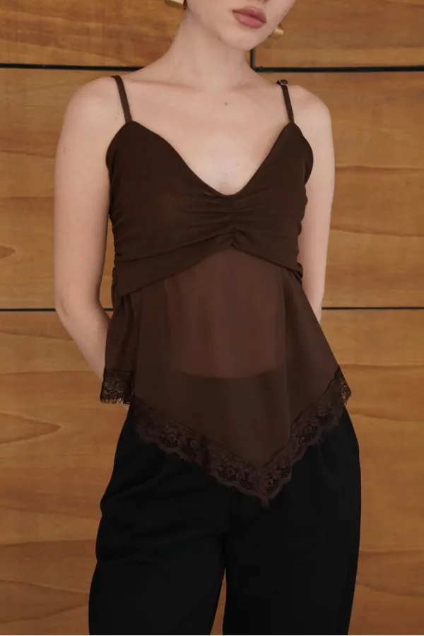 Askılı Dantel Detaylı Tül Toptan Bluz - Kahve | D2979 - Topshow