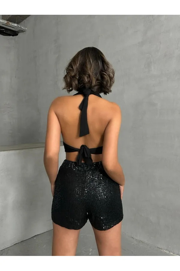 Topshow Siyah  Pullu Toptan Abiye Şort