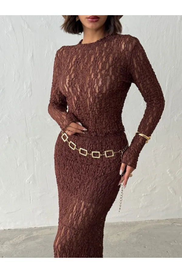 Brown Long Sleeve Transparent Wholesale Blouse | Topshow | F1886