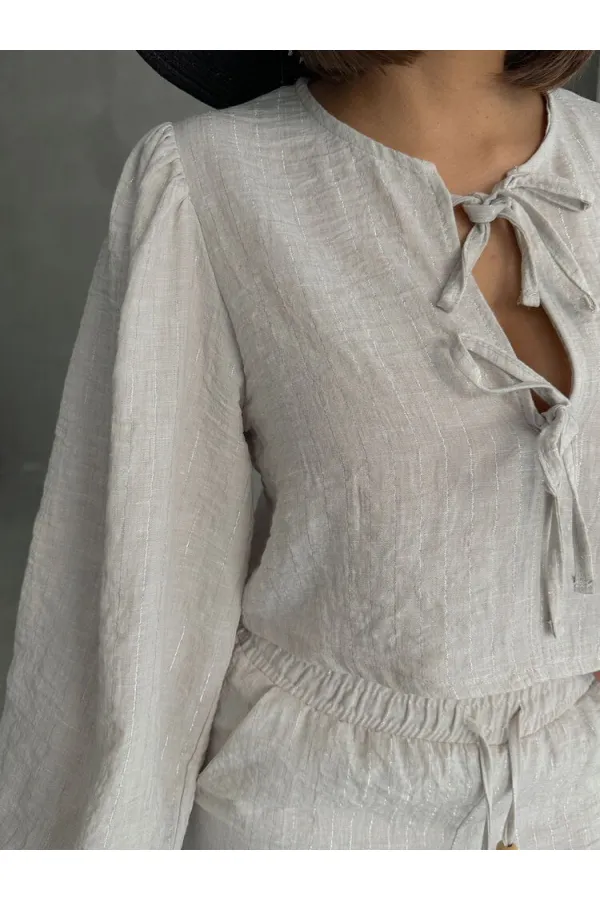 Glitter Striped Front Tie Wholesale Blouse - Stone Silver | TOPSHOW | F1804