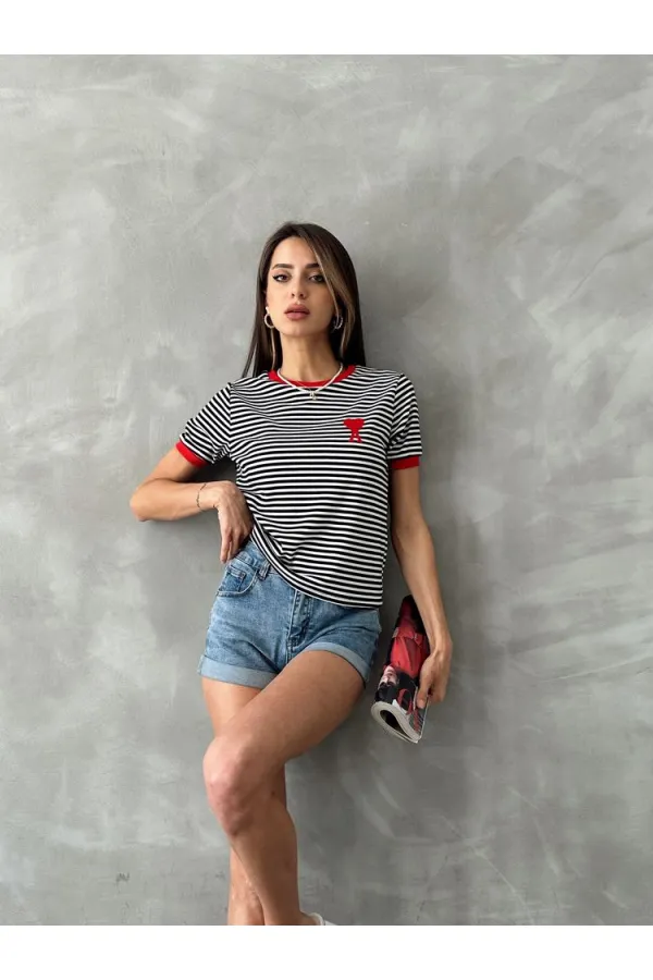 T-shirt rayé brodé noir et rouge Topshow en gros