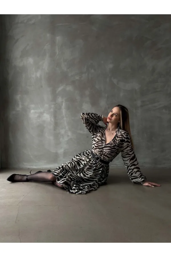 Leopar Çizgili Toptan Elbise - Siyah | TOPSHOW | F1591