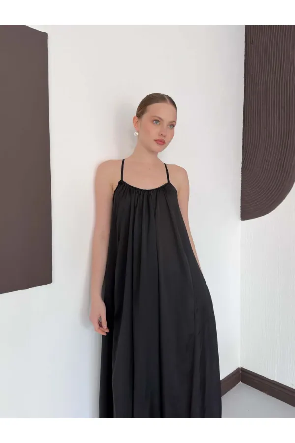 D 3022 DANTEL DETAYLI SATEN ELBİSE - SİYAH