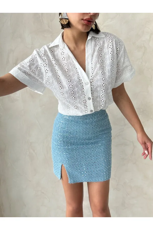 Pullu Kot Etek - Mavi Topshow