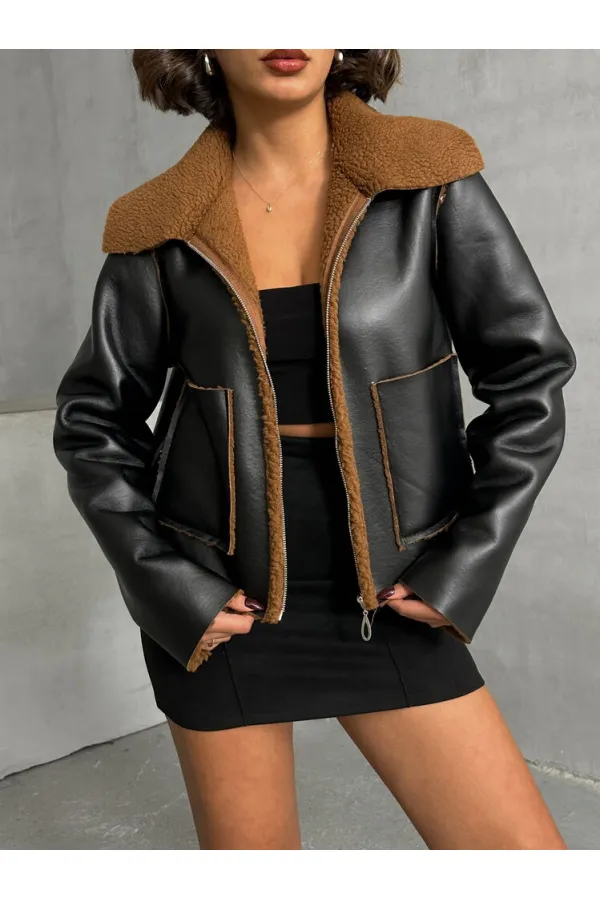 Manteau zippé en cuir Amine - Noir et marron | TOPSHOW | F1511