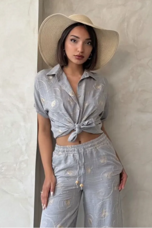 Nakışlı Toptan Gömlek - Gri Dsn2 | Topshow