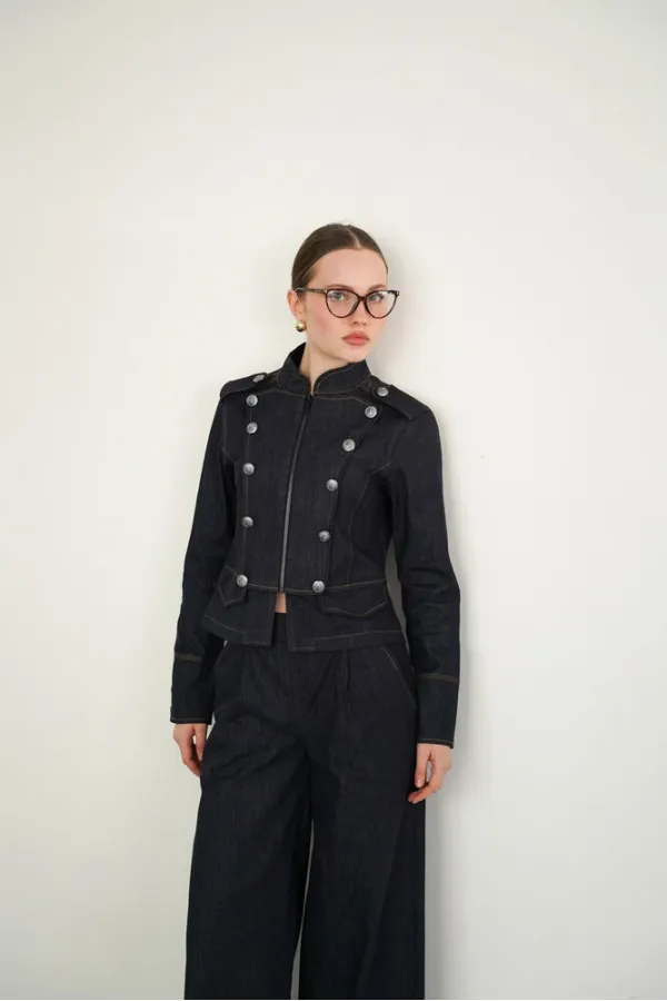 Mandarin Collar Zip-Up Jacket with Epaulets - Navy Blue | F2084 - Topshow