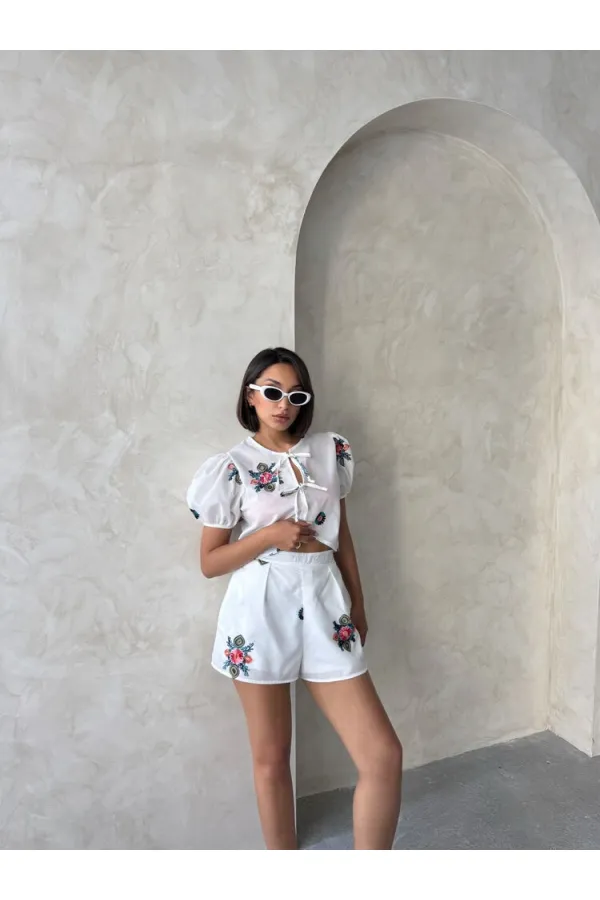 Nakışlı Vual Şort - Krem - D2882 | Topshow