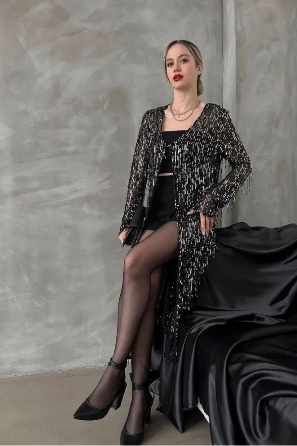 Uzun Toptan Hırka - Siyah Gümüş | TOPSHOW | F1618