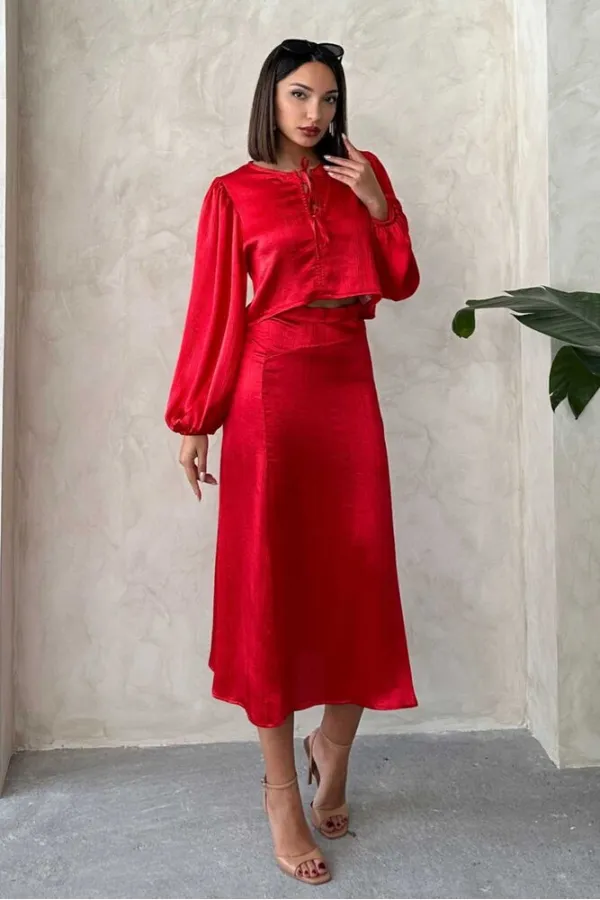 Kraşlı Saten Toptan Etek - Kırmızı | Topshow | F1915