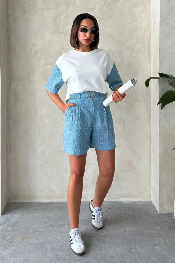 Pullu Kot Şort - Mavi | Topshow