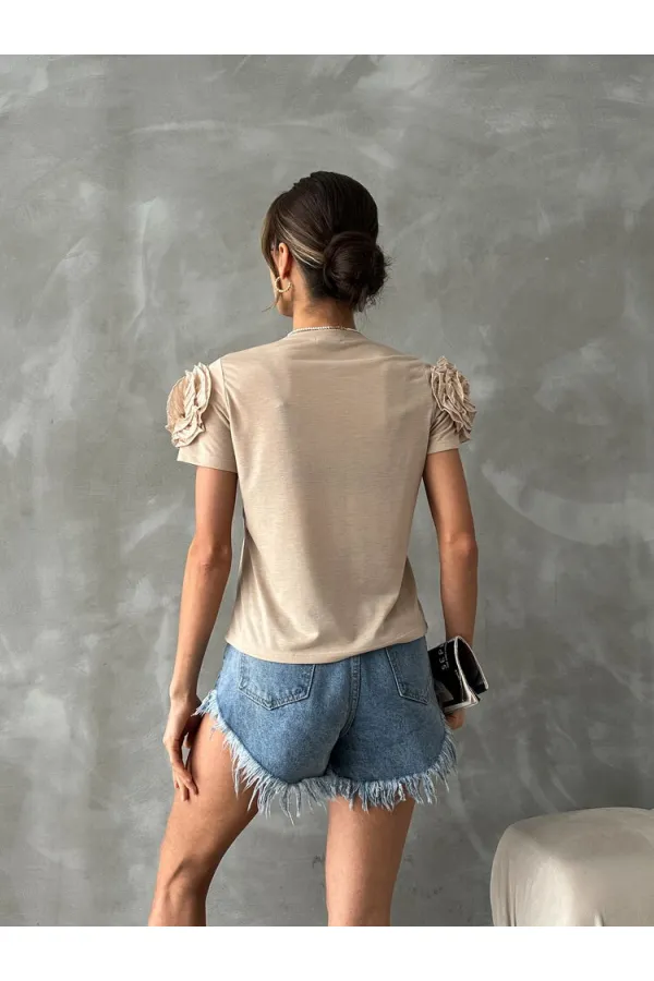 Topshow Taş Omuzları Güllü Toptan T Shirt