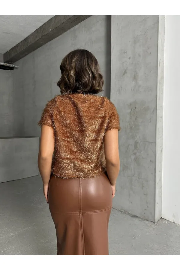 Simli Saçaklı Toptan Bluz - Kahve | TOPSHOW | F1832