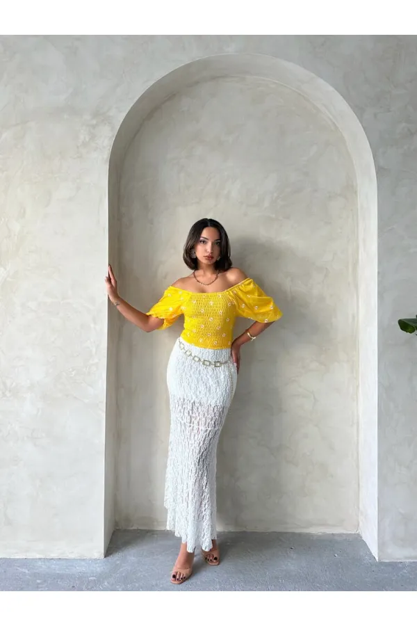 Blouse en mousseline à motifs détaillés jaunes Topshow Gipe, vente en gros