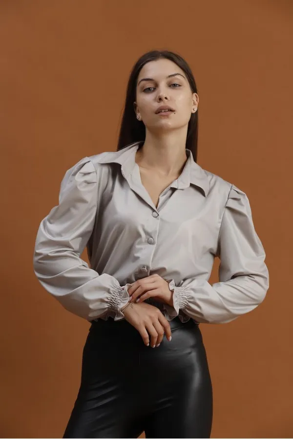 Faux Leather Evening Dress Wholesale Blouse - Stone | TOPSHOW | F1170