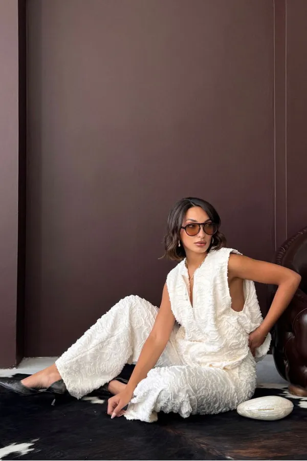 Topshow - Wholesale Jacquard Woven Trousers - Cream