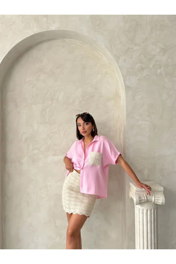 Aplik Cepli Keten Toptan Gömlek - Pembe | Topshow