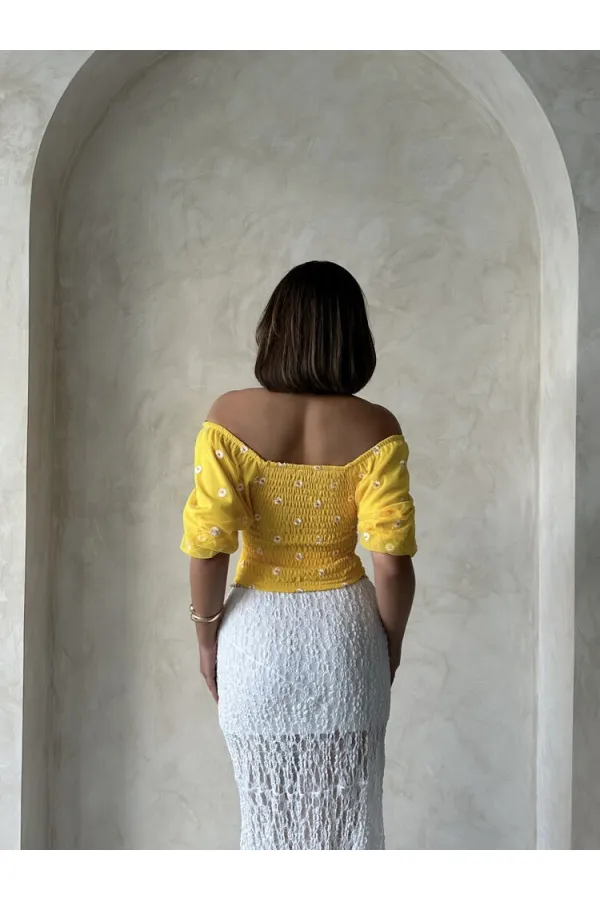 Blouse en mousseline à motifs détaillés jaunes Topshow Gipe, vente en gros