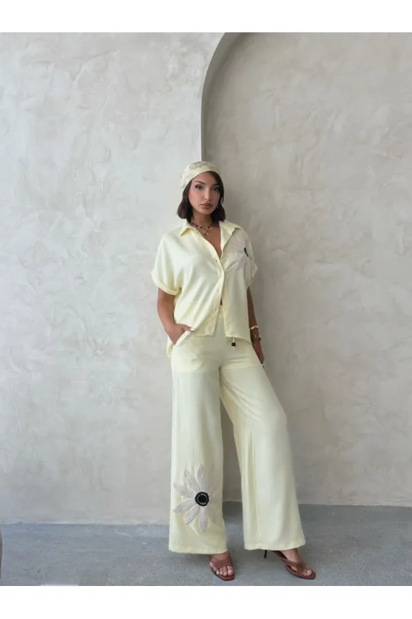 Çiçek Detaylı Pantolon - Sarı | Topshow