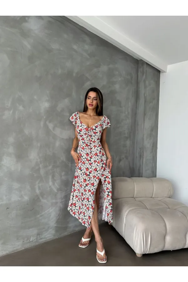 Topshow Kırmızı Çiçek Baskılı Toptan Elbise