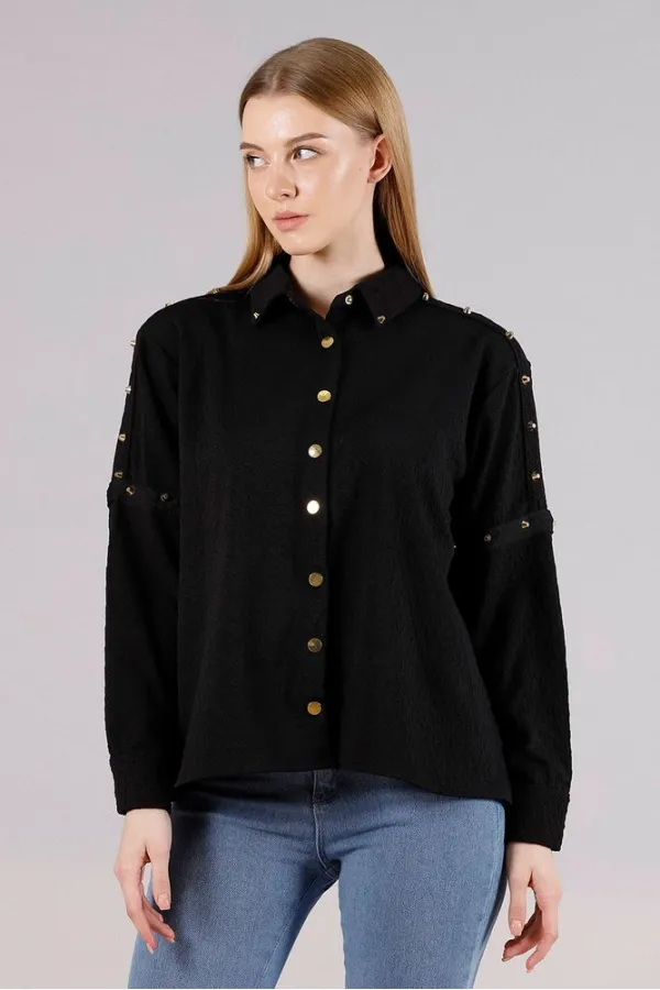 Metal Detailed Wholesale Shirt - Black | TOPSHOW | F1326