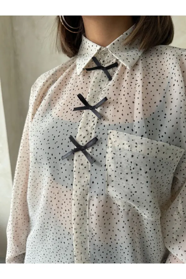 Chemise en mousseline à pois avec nœud décoratif - Gris pierre | TOPSHOW | F1881