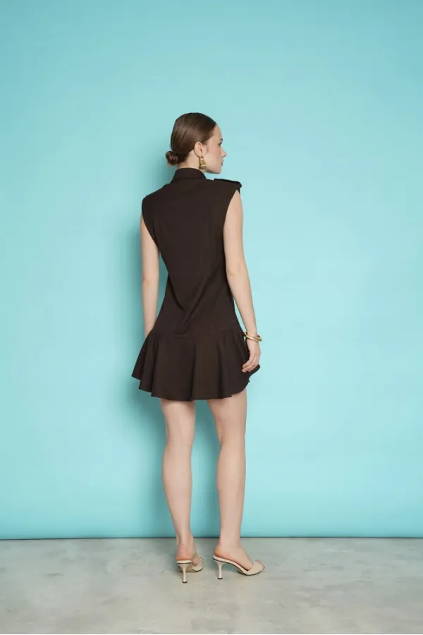 Sleeveless Mini Wholesale Dress with Shoulder Epaulets - Brown | D2974 - Topshow