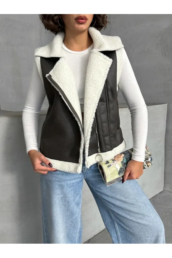 Vente en gros de gilets en daim à col en fourrure - Kaki foncé | TOPSHOW | F1532