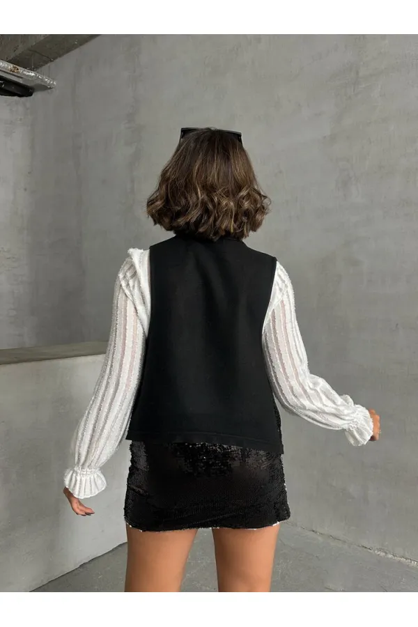 Pullu Toptan Yelek - Siyah Gümüş | TOPSHOW | F1750