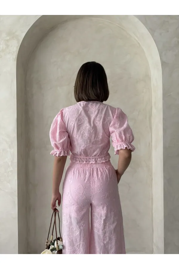 Embroidered Blouse with Scallop Detail - Pink | Topshow