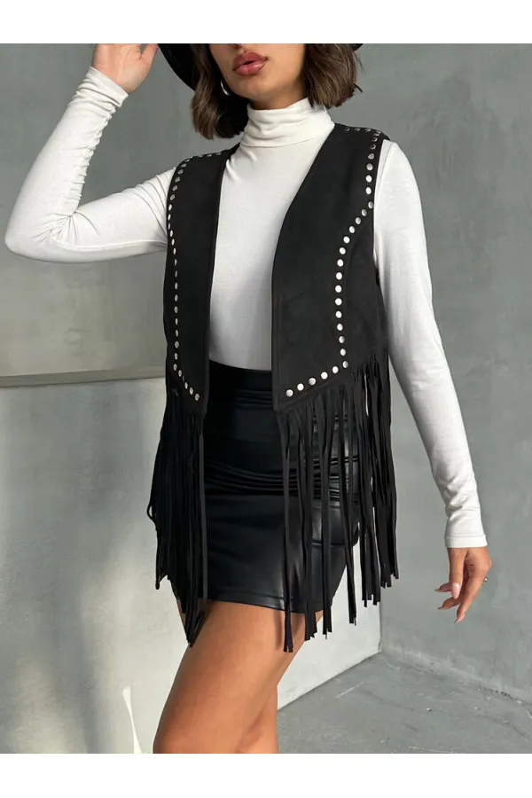 Topshow Siyah Püsküllü Droplu Toptan Yelek | F1806