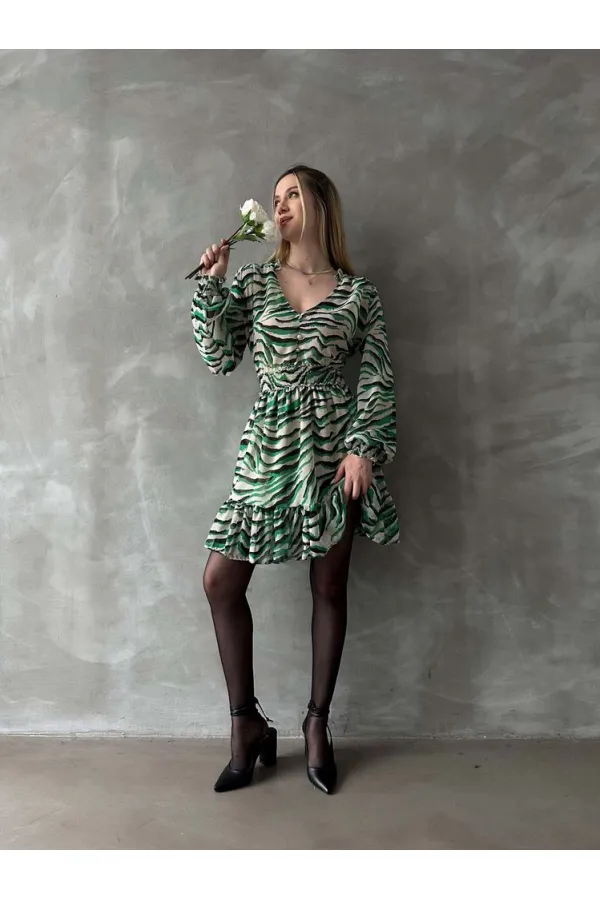 Leopar Çizgili Toptan Elbise - Zümrüt | TOPSHOW | F1591