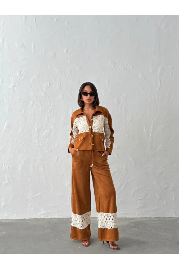 Dantel Detaylı Geniş Paça Kadın Pantolon - Taba | Topshow | F1958