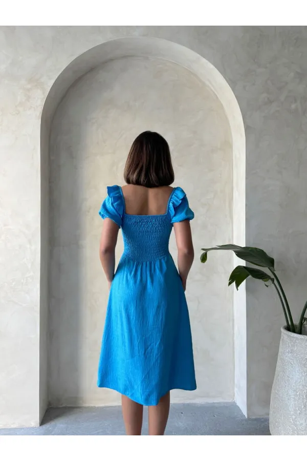 Gipeli Kayık Yaka Keten Elbise - Koyu Mavi | Topshow