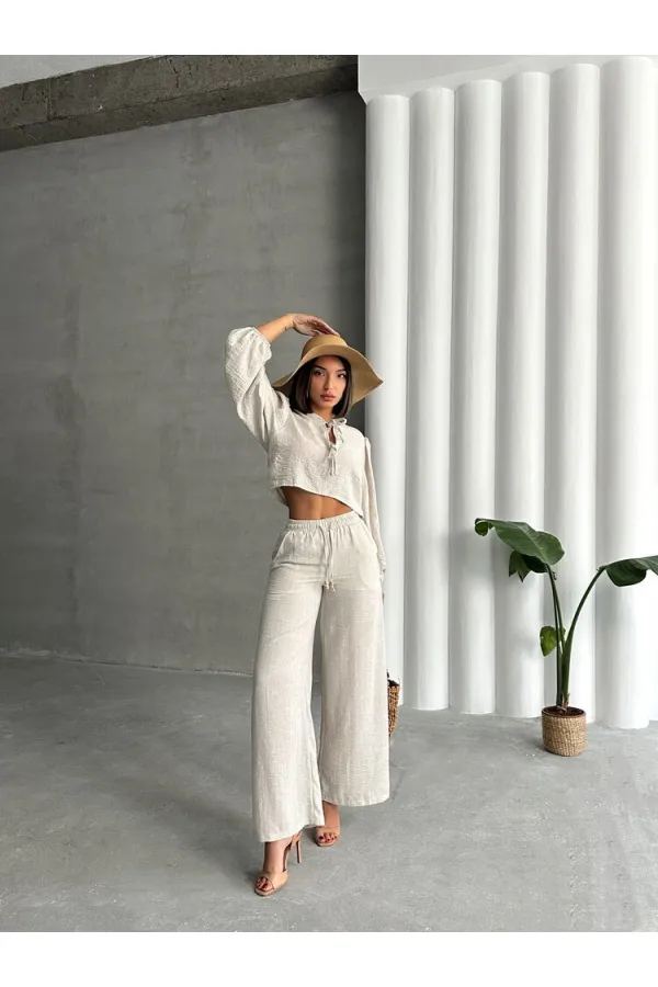 Glitter Striped Front Tie Wholesale Blouse - Stone Gold | TOPSHOW | F1804