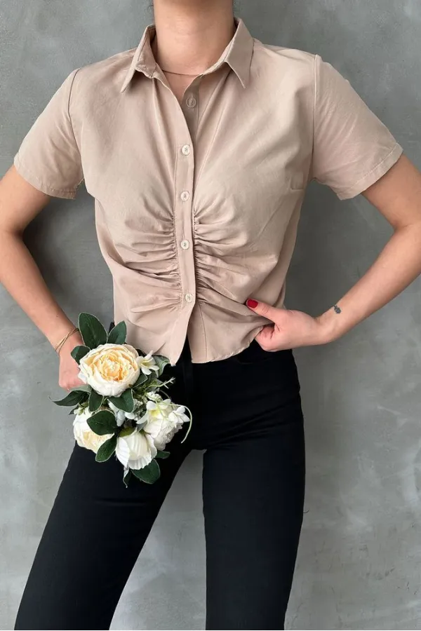 Topshow Stone-Girted Front Gathered Wholesale Blouse