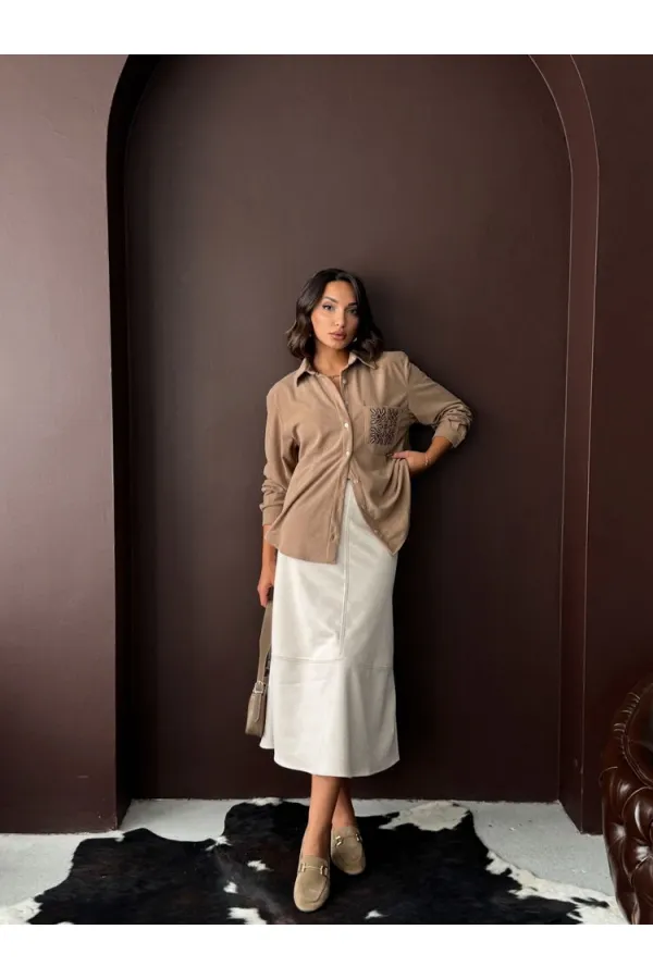 Topshow Embroidered Corduroy Shirt with Pocket - Mink | F1997