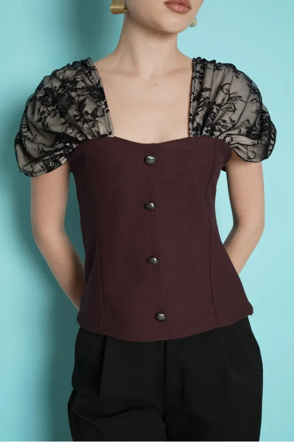 Boat Neck Blouse with Shoulder Lace Detail - Coffee | D2994 - Topshow