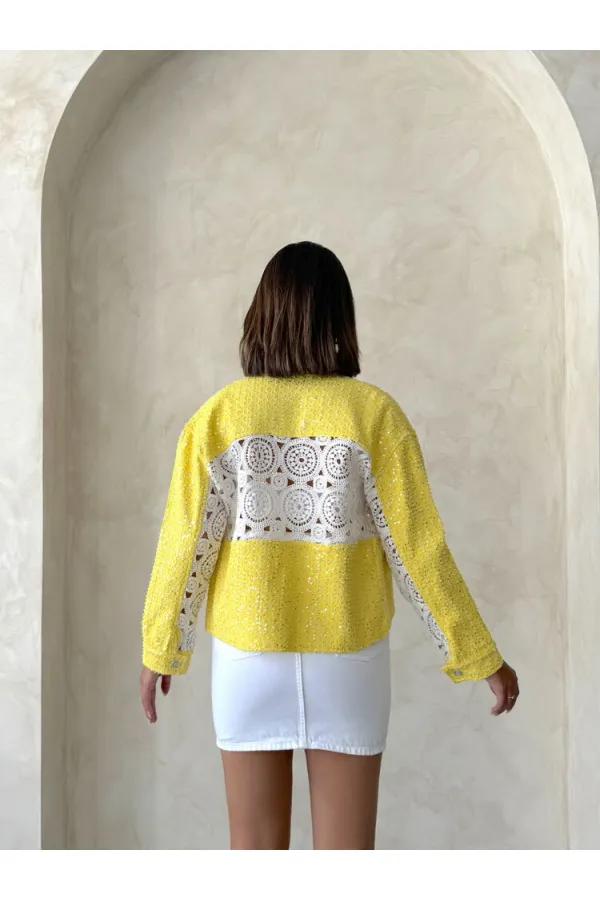 Dantel Detatlı Kot Ceket - Sarı | Topshow | F1758